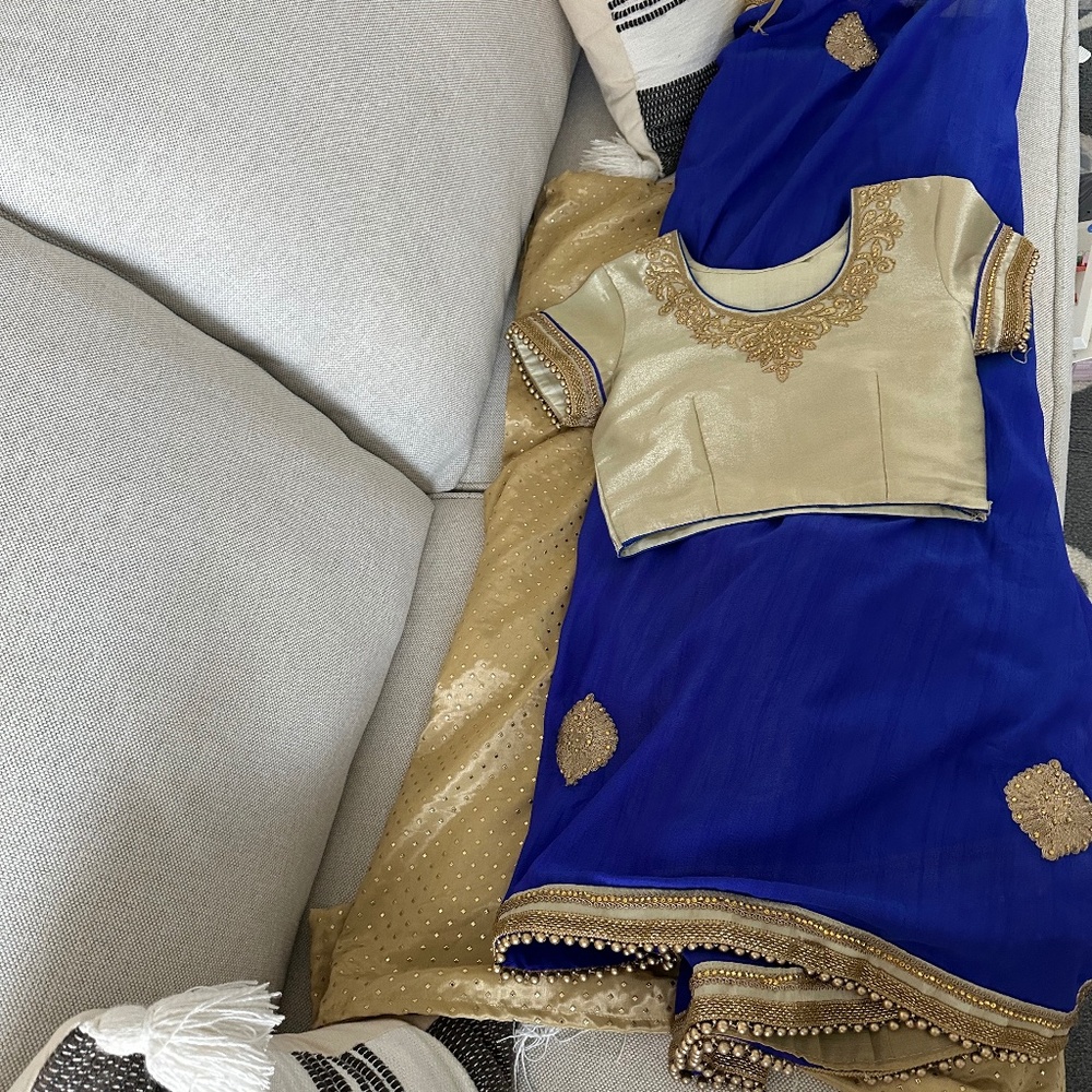 Blue and Gold pre-pleated saree